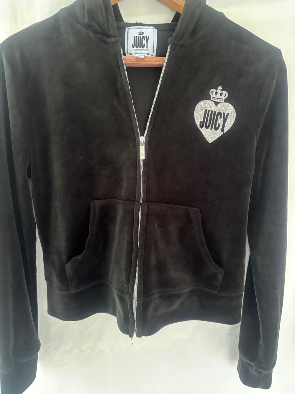 Juicy Couture Black Velour Zip Hoodie with Silver Sparkle Heart